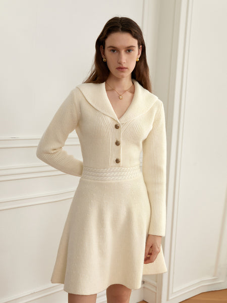 Original French V-neck knitted dress autumn and winter turn collar  temperament waist sweater skirt