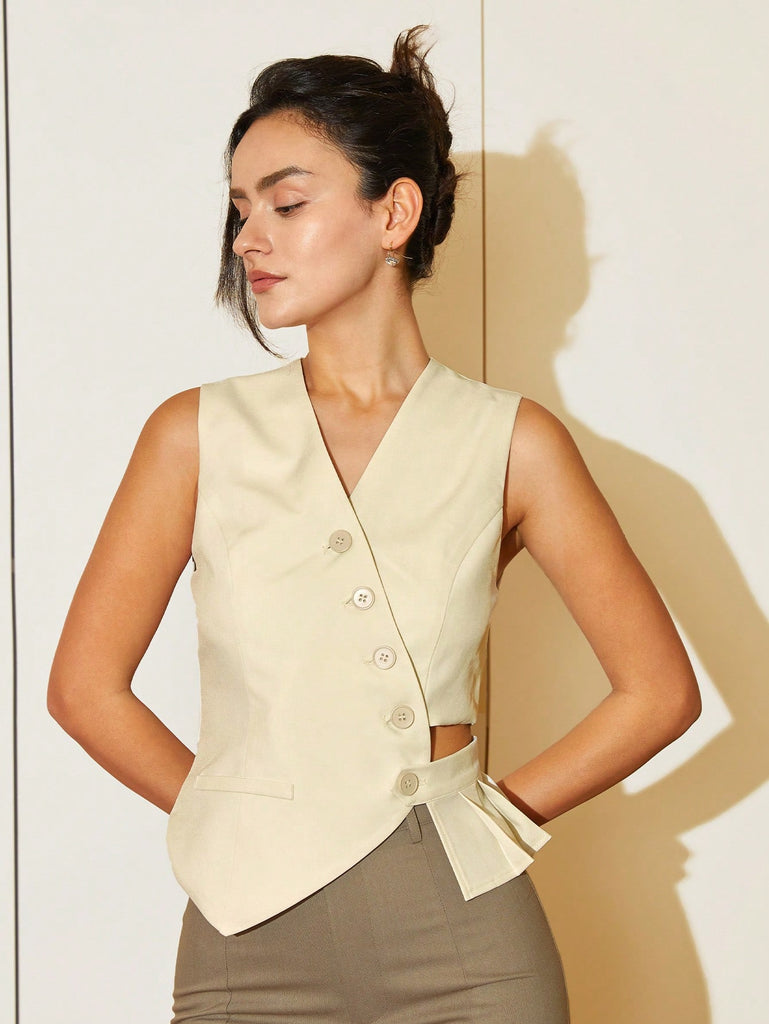 AEL Women's Irregular Vest Women Fashion Front Buttons Cropped Waistcoat Vintage V Neck Sleeveless Female Outerwear Chic Tops