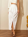 AEL Pleated high waisted mid length style with a front split skirt