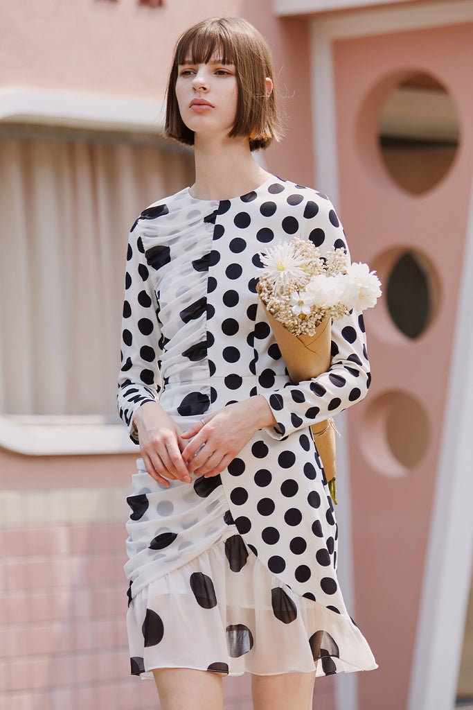 Irregular long sleeve polka dot chiffon dress-Dress-AEL Studio