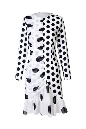 Irregular long sleeve polka dot chiffon dress-Dress-AEL Studio