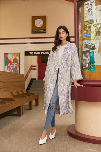 Tweed coat thick trench coat | Blue trench coat | Casual trench