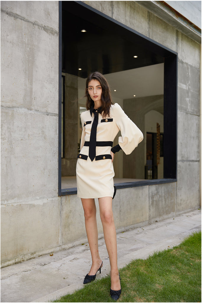 Puff sleeve dress | Beige dress | Street dress-Dress-AEL Studio