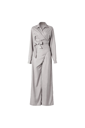 Long-sleeved wide-leg jumpsuit | Latte grey jumpsuit | Casual jumpsuit-Dress-AEL Studio