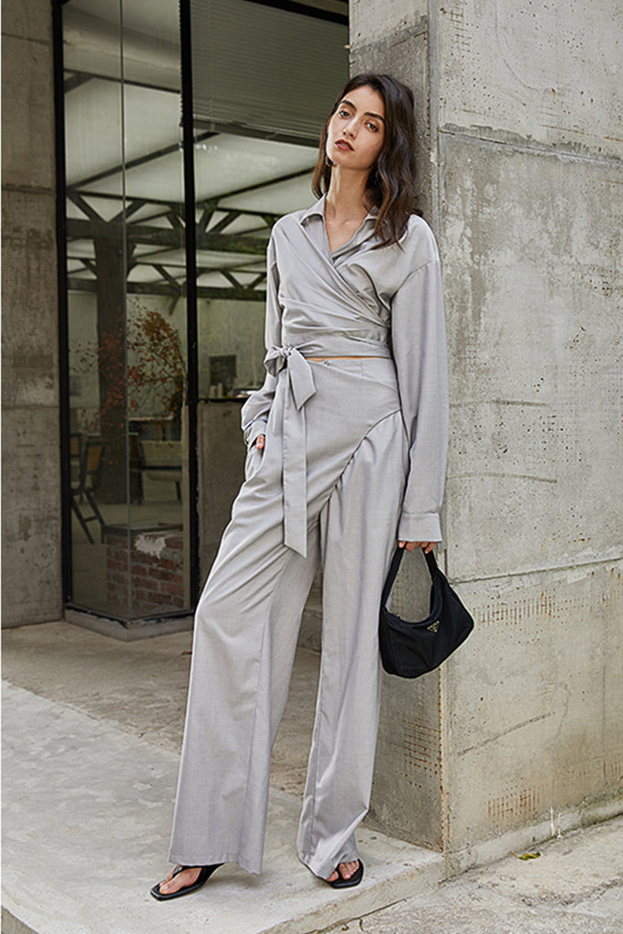 Long-sleeved wide-leg jumpsuit | Latte grey jumpsuit | Casual jumpsuit-Dress-AEL Studio