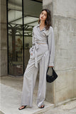 Long-sleeved wide-leg jumpsuit | Latte grey jumpsuit | Casual jumpsuit-Dress-AEL Studio