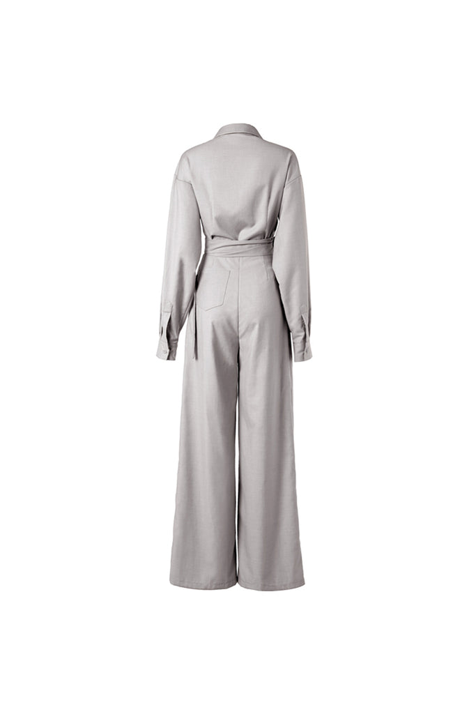 Long-sleeved wide-leg jumpsuit | Latte grey jumpsuit | Casual jumpsuit-Dress-AEL Studio