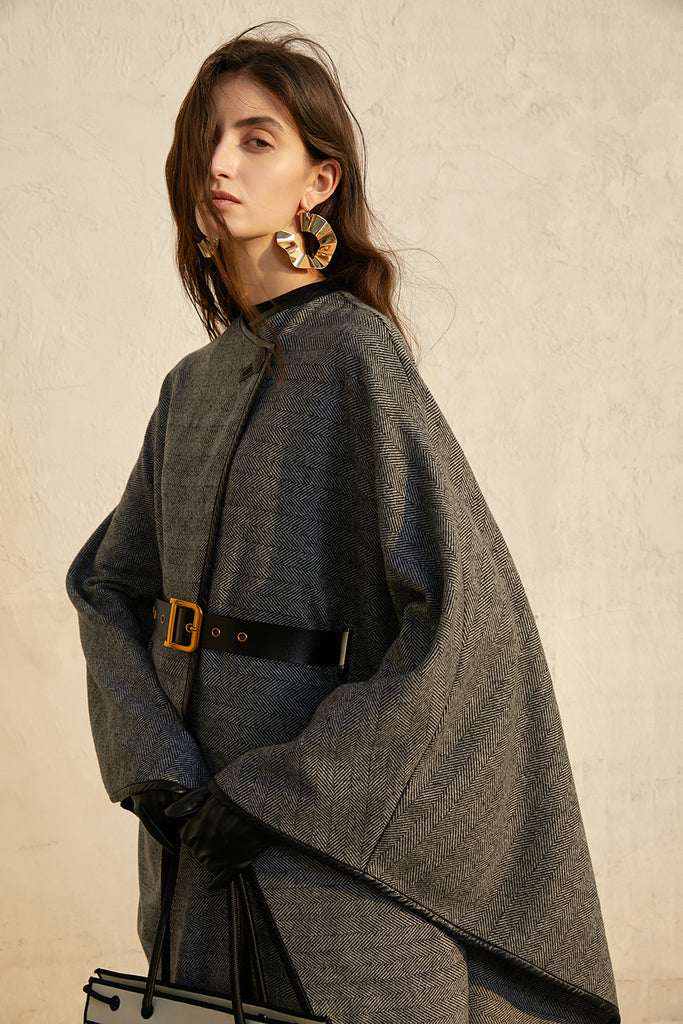 Cape coat | Loose wool coat | Street coat-Tops-AEL Studio