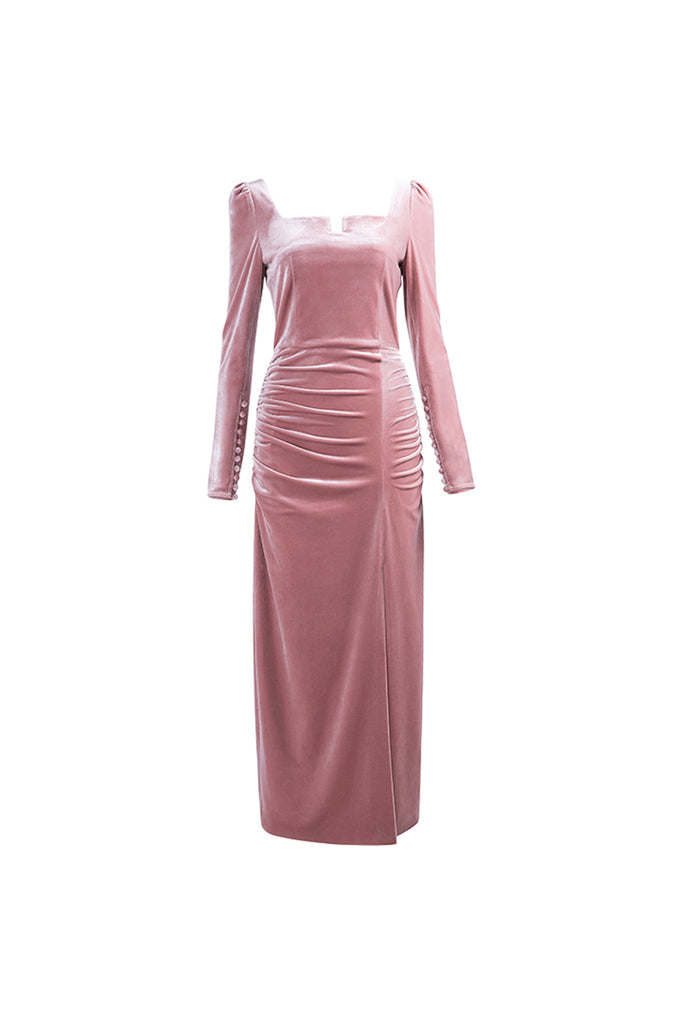 Square neck velvet dress | Pink dress | Holiday dress-Dress-AEL Studio