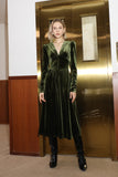 Vintage Wedding Guest Formal Evening Dress V Neck Long Sleeve Floor Length Velvet with Draping Slit 2022