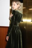 Vintage Wedding Guest Formal Evening Dress V Neck Long Sleeve Floor Length Velvet with Draping Slit 2022