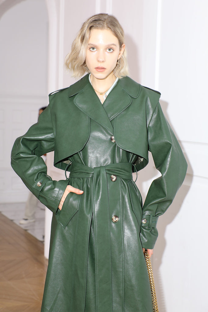 Designed leather jacket | Dark green jacket | Street style leather trench coat