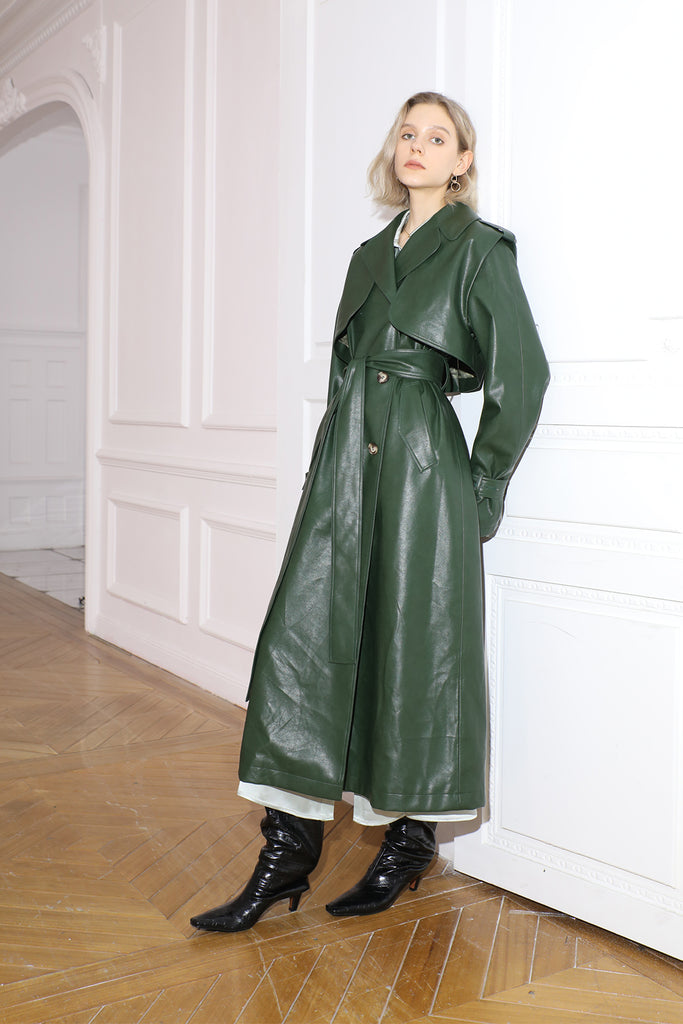 Designed leather jacket | Dark green jacket | Street style leather trench coat