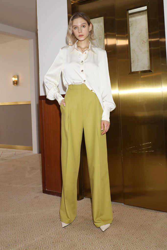 High waist wide leg pants | Mustard yellow trousers | Commuter wide-leg pants