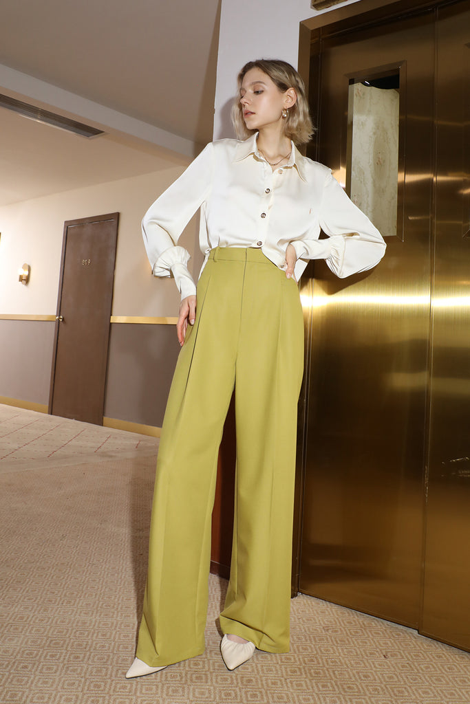 High waist wide leg pants | Mustard yellow trousers | Commuter wide-leg pants