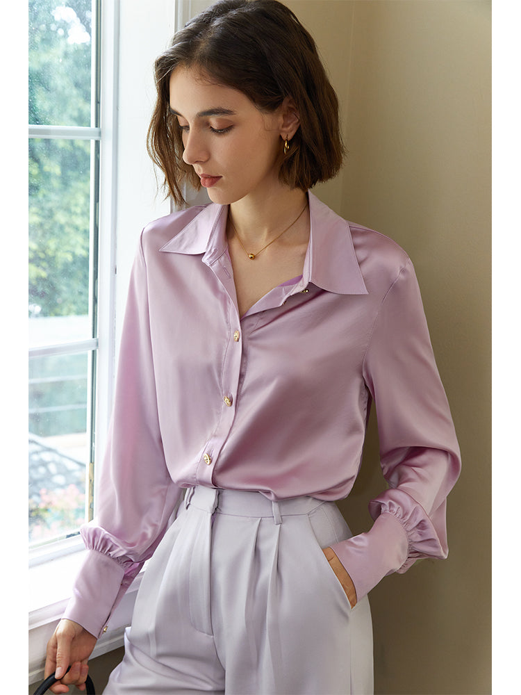 Loose retro long-sleeved shirt 2023 early autumn new satin trim blouse woman