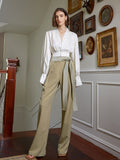 Ice silk hang feeling laces waist wide leg pants 2023 fall new style tie-in slim pants woman