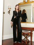 Original custom-made Japanese three acetic acid spring fashion high waist broad legs light luxury velvet tie jumpsuit