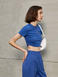 Design feeling pleats high waist blue t-shirt 2023 summer new style slim short-sleeved blouse woman