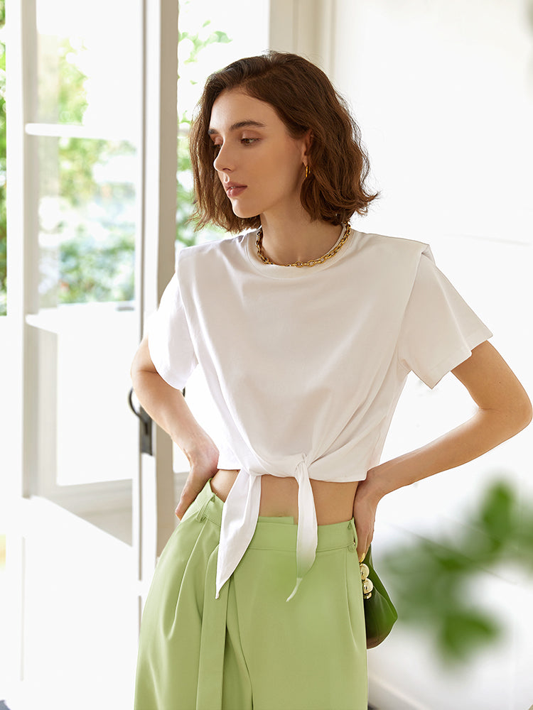Round Neck simple shoulder slim short t-shirt women's new summer 2023 solid color short-sleeved shirt