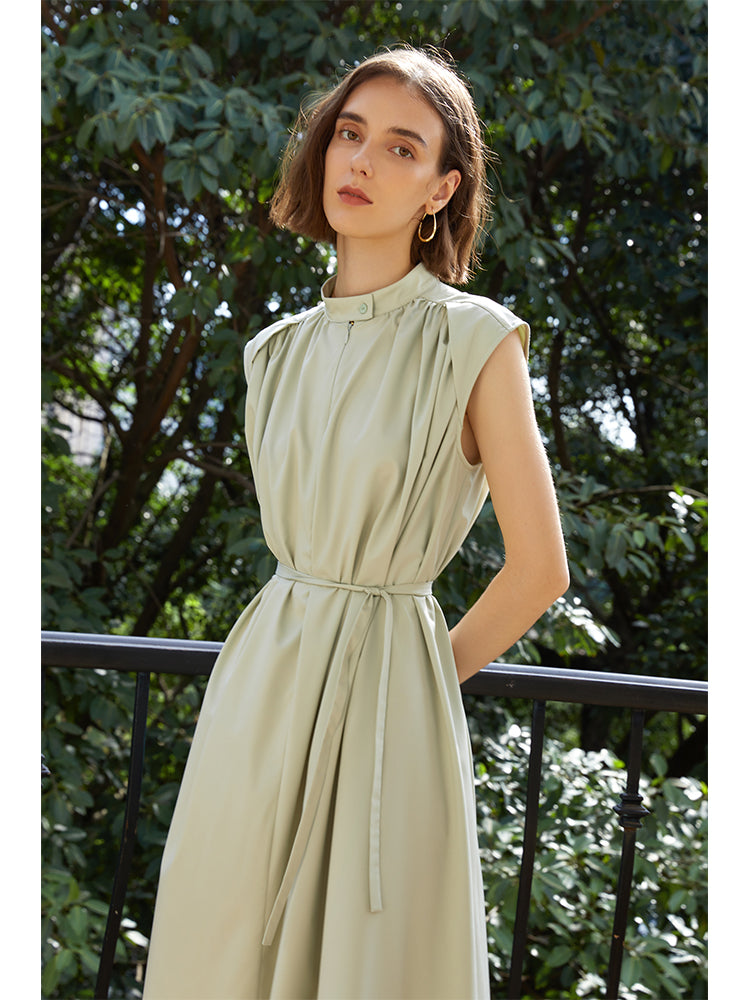 Simple wind slim pleated sleeveless waist dress refreshing commuter high waist dress woman