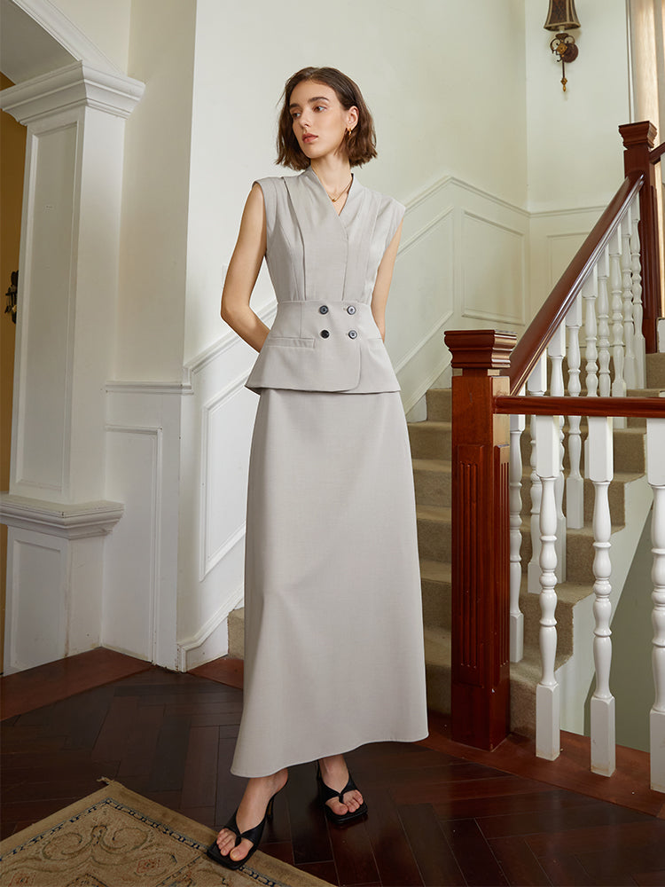 French retro double-breasted slim sleeveless commuter waistcoat high waist long skirt suit woman