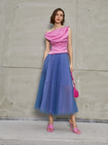 High waist casual blue net skirt 2023 summer new small fresh slim pleated skirt