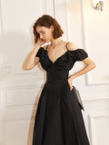 French bubble sleeve V-neck sash dress summer 2023 new black slimming dress