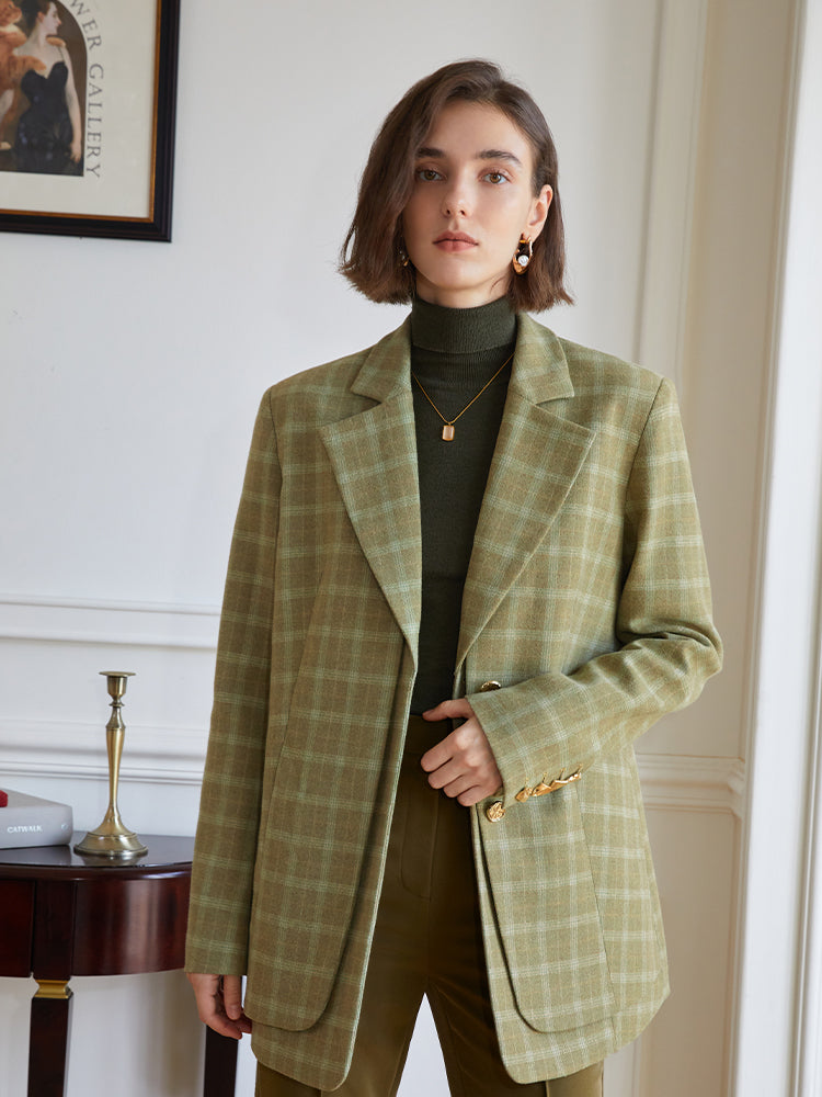 Retro Green level sense check suit jacket female 2023 wide edition double-decker false two pieces