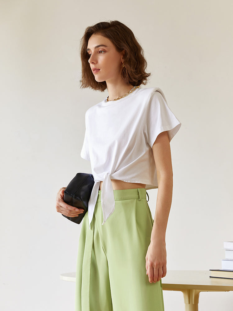 Round Neck simple shoulder slim short t-shirt women's new summer 2023 solid color short-sleeved shirt