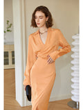 French v-neck shirt skirt 2023 summer new elegant thin slit skirt woman