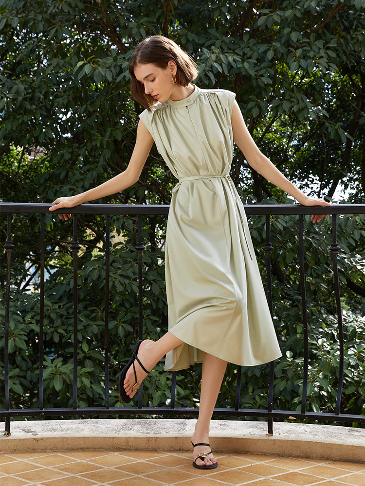 Simple wind slim pleated sleeveless waist dress refreshing commuter high waist dress woman