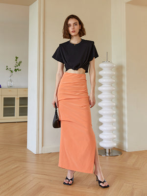 Simple and all-purpose show slim tuck hip skirt 2023 summer new style slit show thin skirt