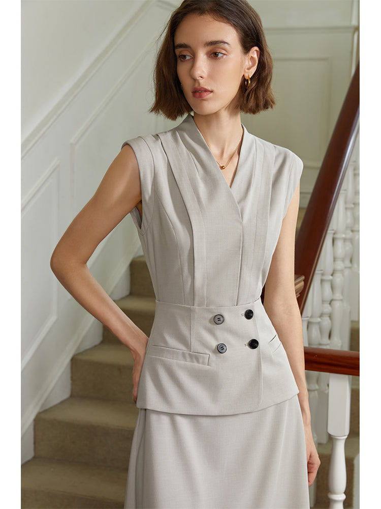 French retro double-breasted slim sleeveless commuter waistcoat high waist long skirt suit woman