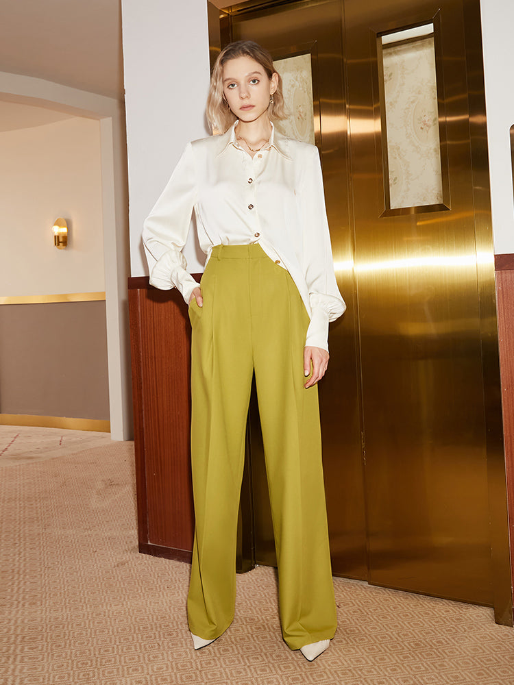 High-waisted wide-leg pants designed by women 2023 spring and summer new fashion hang shun mustard yellow pants