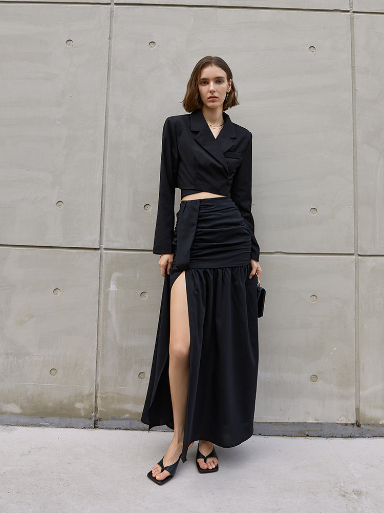 Black split hip a word hemline skirt 2023 new summer show slim slim waist mid-length skirt