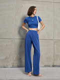 Design feeling pleats high waist blue t-shirt 2023 summer new style slim short-sleeved blouse woman