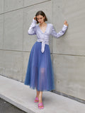 High waist casual blue net skirt 2023 summer new small fresh slim pleated skirt