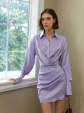 Design feeling folding satin waist dress slim high waist hip long sleeve blouse woman
