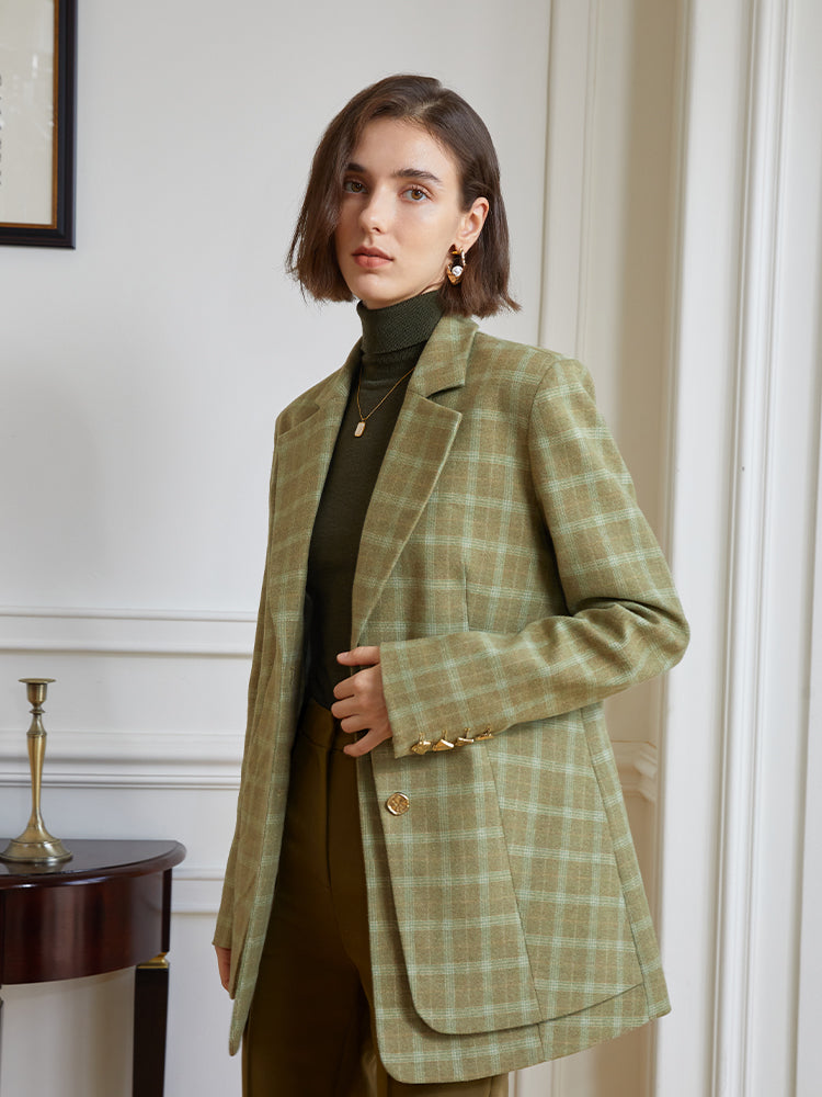 Retro Green level sense check suit jacket female 2023 wide edition double-decker false two pieces