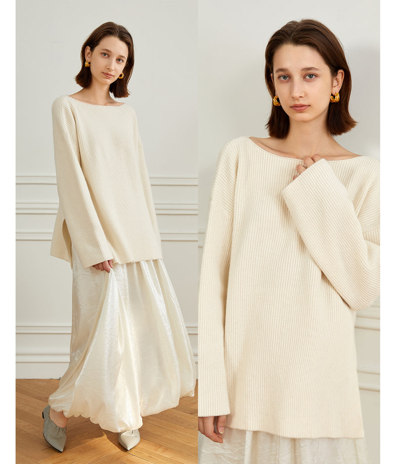 Simple and casual style split sweater autumn and winter languid wind white sweater women wide version cardigan