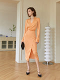 French v-neck shirt skirt 2023 summer new elegant thin slit skirt woman