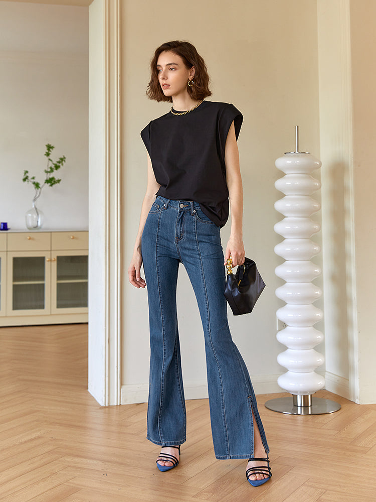 High waist slim slit jeans 2023 new women show thin wide leg pants