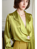 Retro gloss asymmetrical design acetic acid v-neck shirt blouse 2023 new