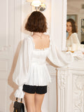 French-style square collar ruffled Bodice 2023 summer new style temperament lantern sleeve shirt