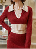 French-style soft wind color v-neck waist sweater set women's 2023 autumn and winter sleeve knitted jacket