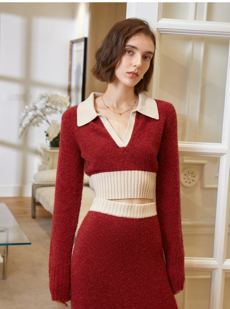 French-style soft wind color v-neck waist sweater set women's 2023 autumn and winter sleeve knitted jacket