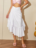 AEL Summer white women half skirt casual simple pleated asymmetrical ruffle edge short skirt