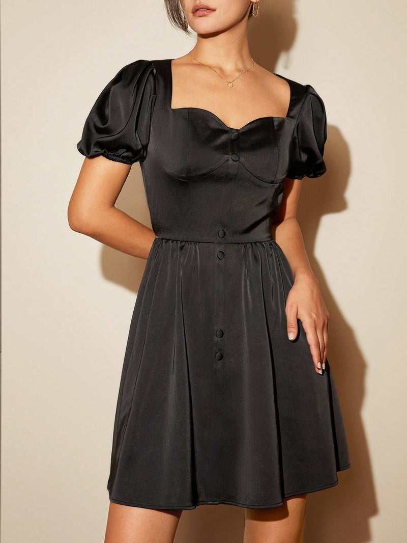 AEL Temperament commuting waist cinched bubble sleeves retro simple elegant dress