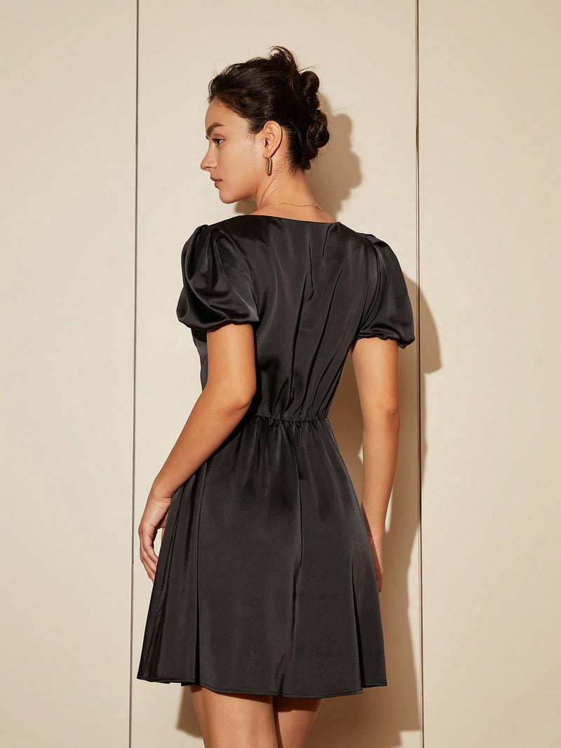 AEL Temperament commuting waist cinched bubble sleeves retro simple elegant dress